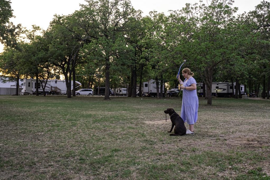 woman playing fetch with dog