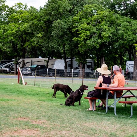 A happy family setting up their RV at Oakwood RV Resort in Fredericksburg, TX, surrounded by beautiful shady views and rustic charm.